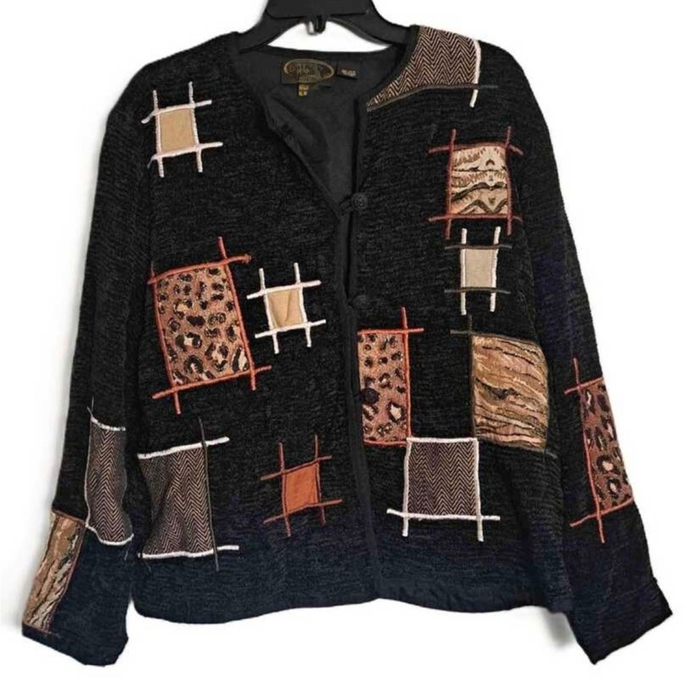 VTG ALLURE (ALEX KIM) Black Chenille Jacket PATCHWORK EMBROIDERED Leopard PXS XS